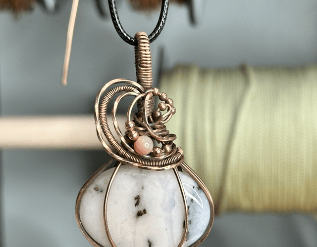 Pink dendritic opal pure copper wrapped pendant 