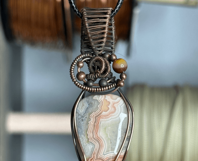 Crazy lace Agate pure copper wrapped pendant 