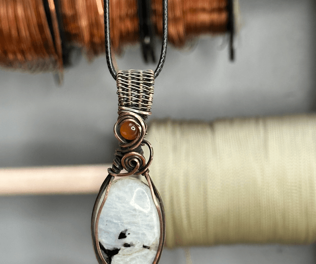 Rainbow moonstone pure copper wrapped pendant 