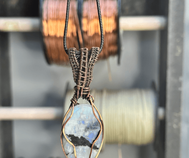 Rainbow moonstone pure copper wrapped pendant 