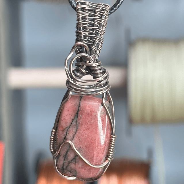 Rhodonite pure copper wire wrapped pendant 