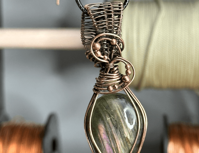 Purple labradorite pure copper wrapped pendant 