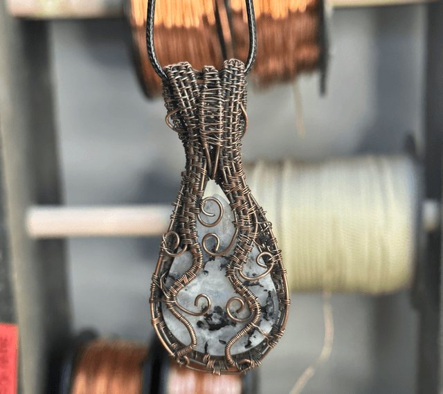 Rainbow moonstone pure copper wrapped pendant 