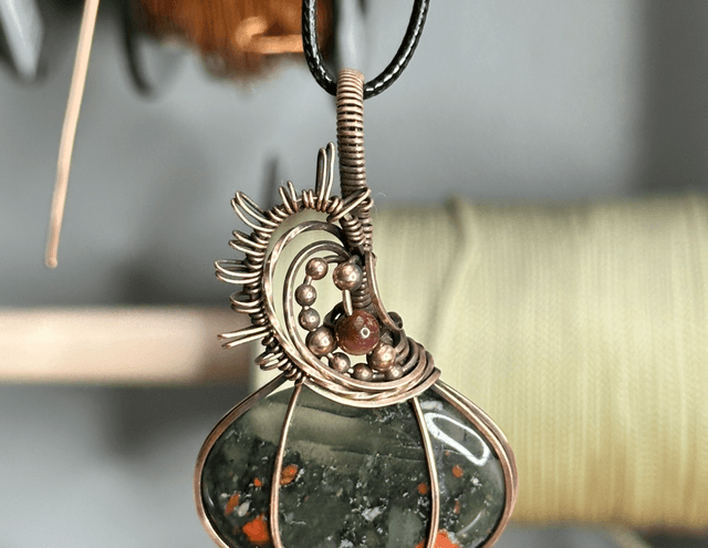 Bloodstone pure copper wrapped pendant