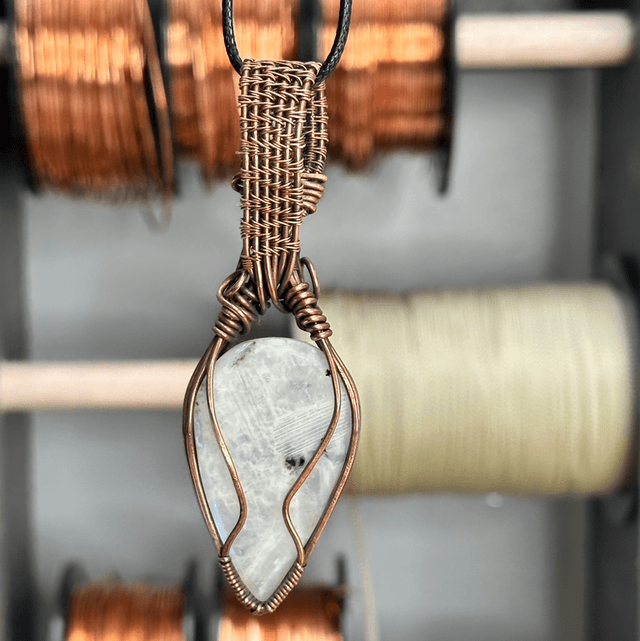 Rainbow moonstone pure copper wrapped pendant 
