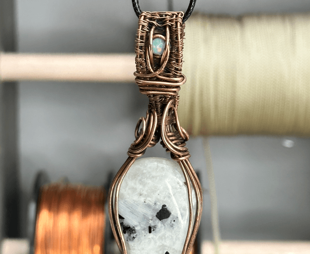 Rainbow moonstone pure copper wrapped pendant 
