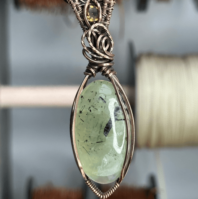 Prehnite pure copper wire wrapped pendant 
