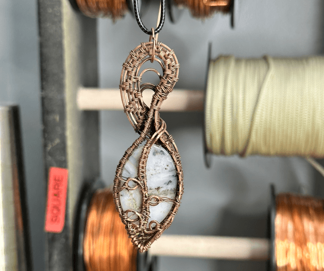 Pink dendritic opal pure copper wrapped pendant 