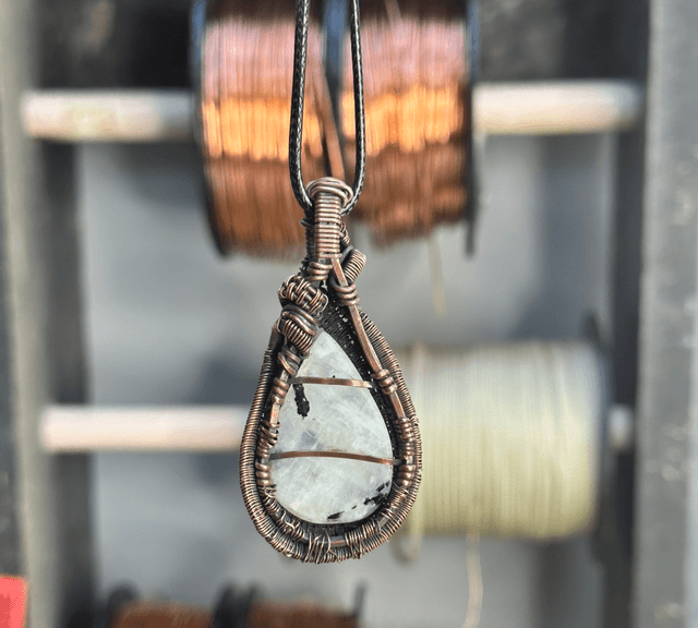 Rainbow moonstone pure copper wrapped pendant 