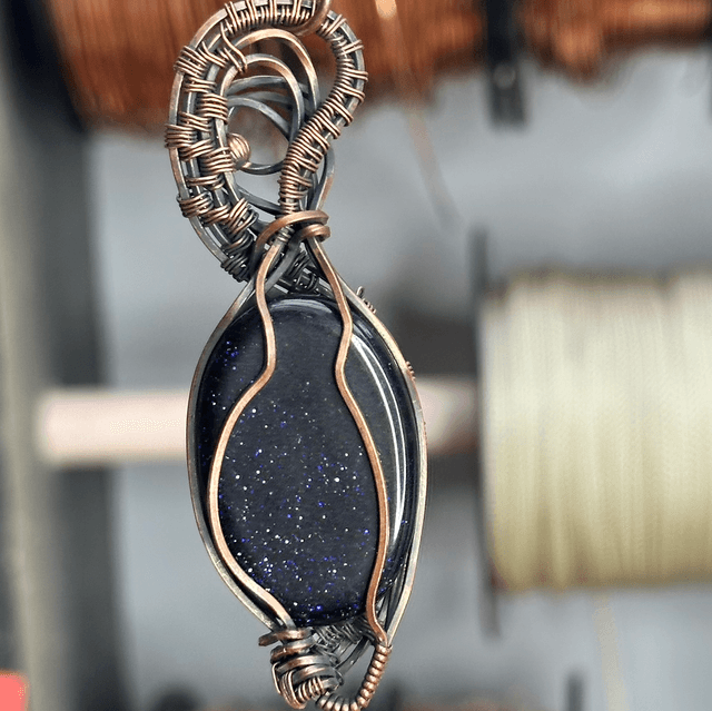 Blue goldstone pure copper wrapped pendant 