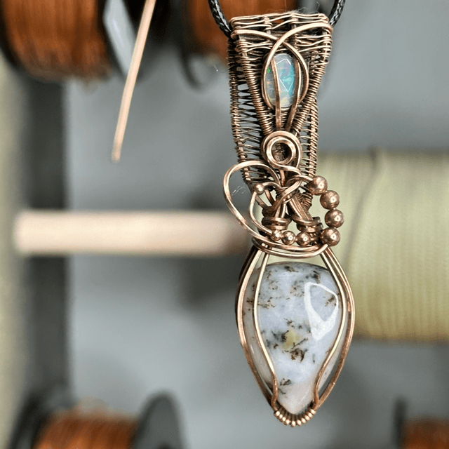 Pink dendritic opal pure copper wrapped pendant 