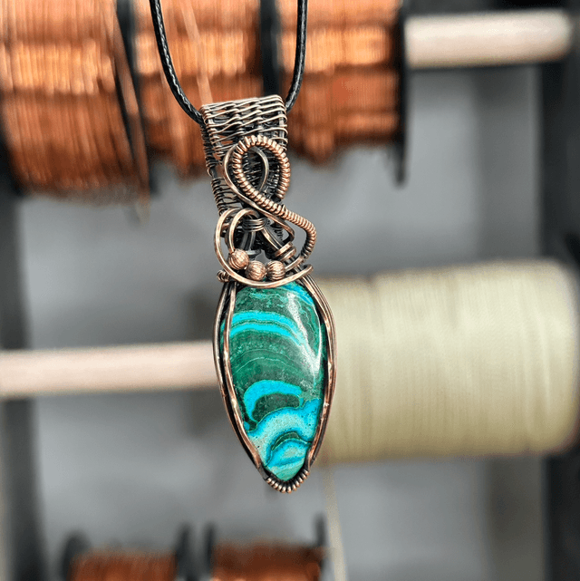 Malachite &amp;Chrysocolla pure copper wrapped pendant 