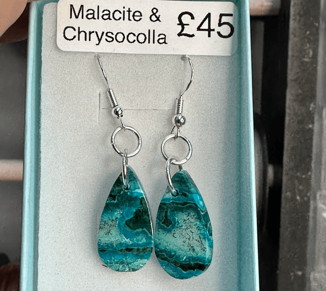 Malachite &amp; Chrysocolla 925 silver hooked earrings 