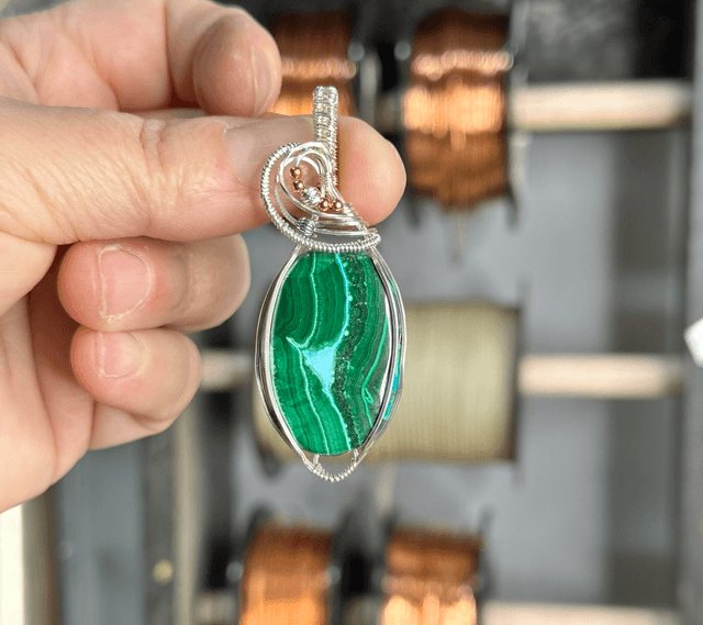 Malachite &amp; Crysocolla 925 silver wrapped pendant 