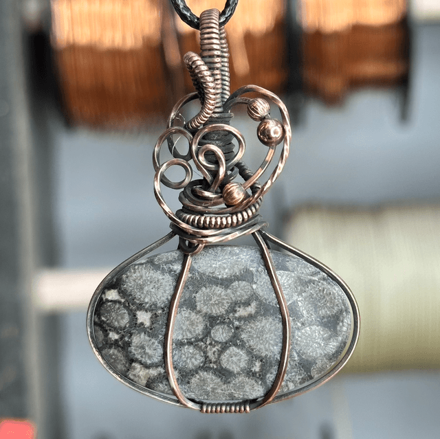 Black fossil coral pure copper wire wrapped pendant 