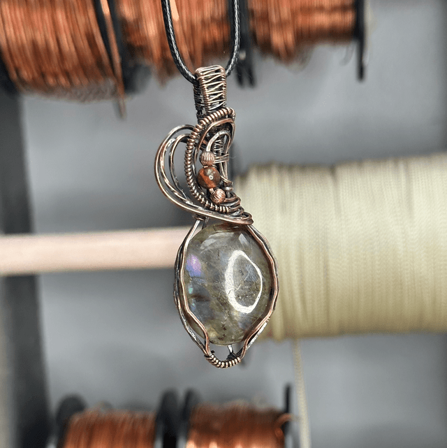 Purple labradorite pure copper wrapped pendant 