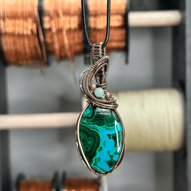 Malachite &amp;Chrysocolla pure copper wrapped pendant 