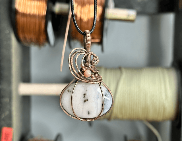 Pink dendritic opal pure copper wrapped pendant 