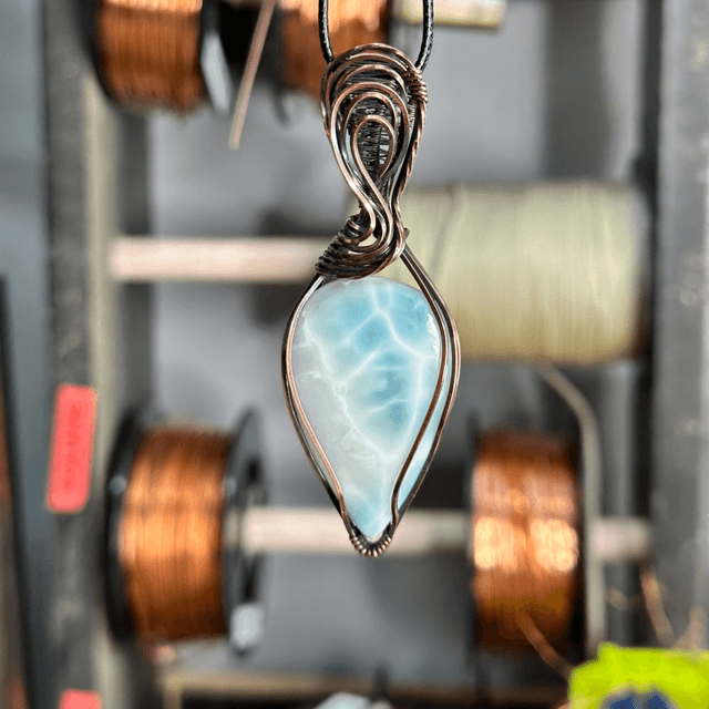 Larimar pure copper wrapped pendant 