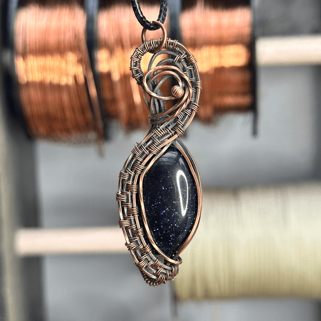 Blue goldstone pure copper wrapped pendant 
