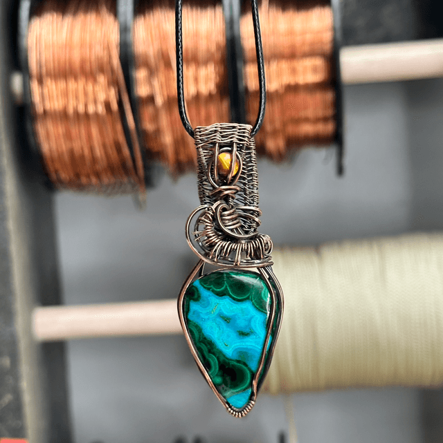 Malachite &amp; Chrysocolla pure copper wrapped pendant 